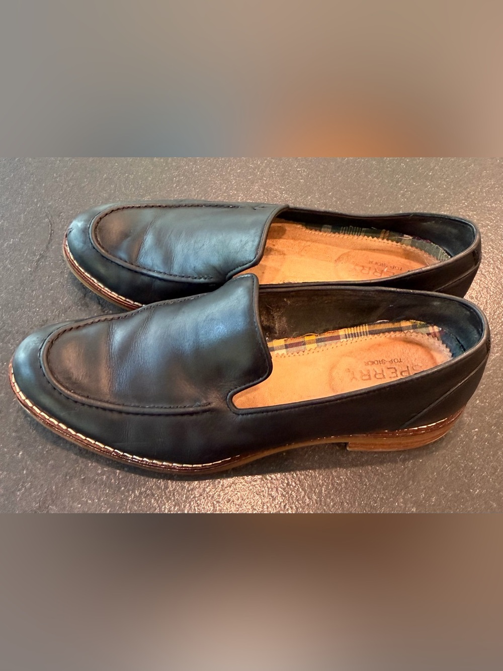 Sperry Black Leather Slip-On Loafers Plaid Lined Comfort Shoes 6.5 - Picture 9 of 11